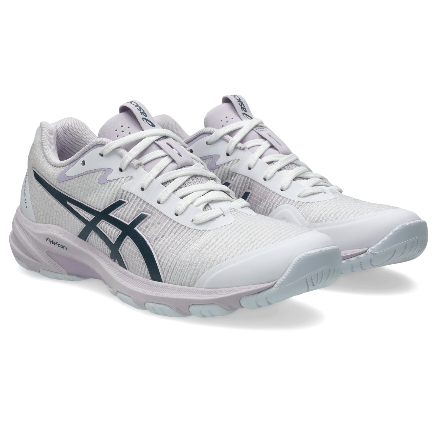 White Asics shoes with a blue logo on a white background