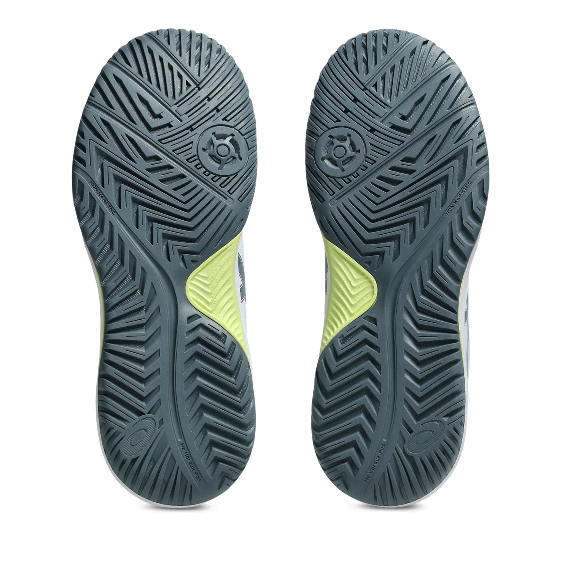 Bottom view of Asics shoe sole dark green with light green accents on a white background