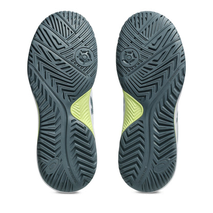 Bottom view of Asics shoe sole dark green with light green accents on a white background