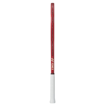 Red and white tennis racket on a white background