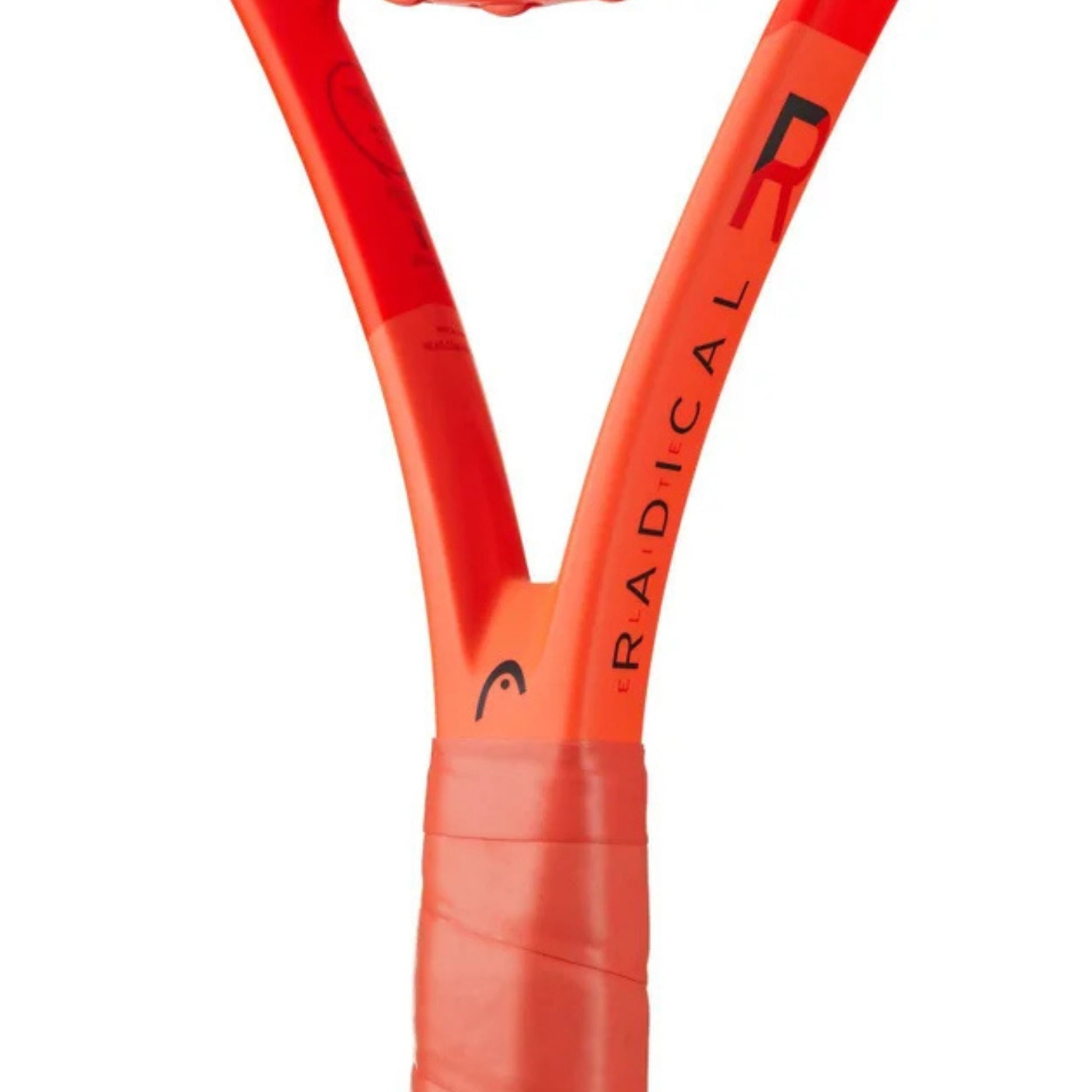Close-up of a Head tennis racket showing the throat and wrapped handle, in bright orange with black 'RADICAL' branding and a small head logo, on a white background.
