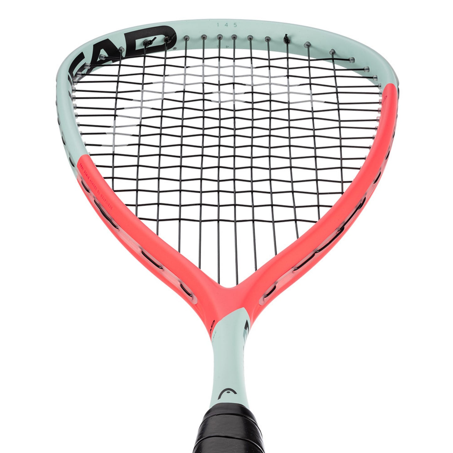 Squash racket with orange and gray design on a white background