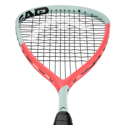 Squash racket with orange and gray design on a white background