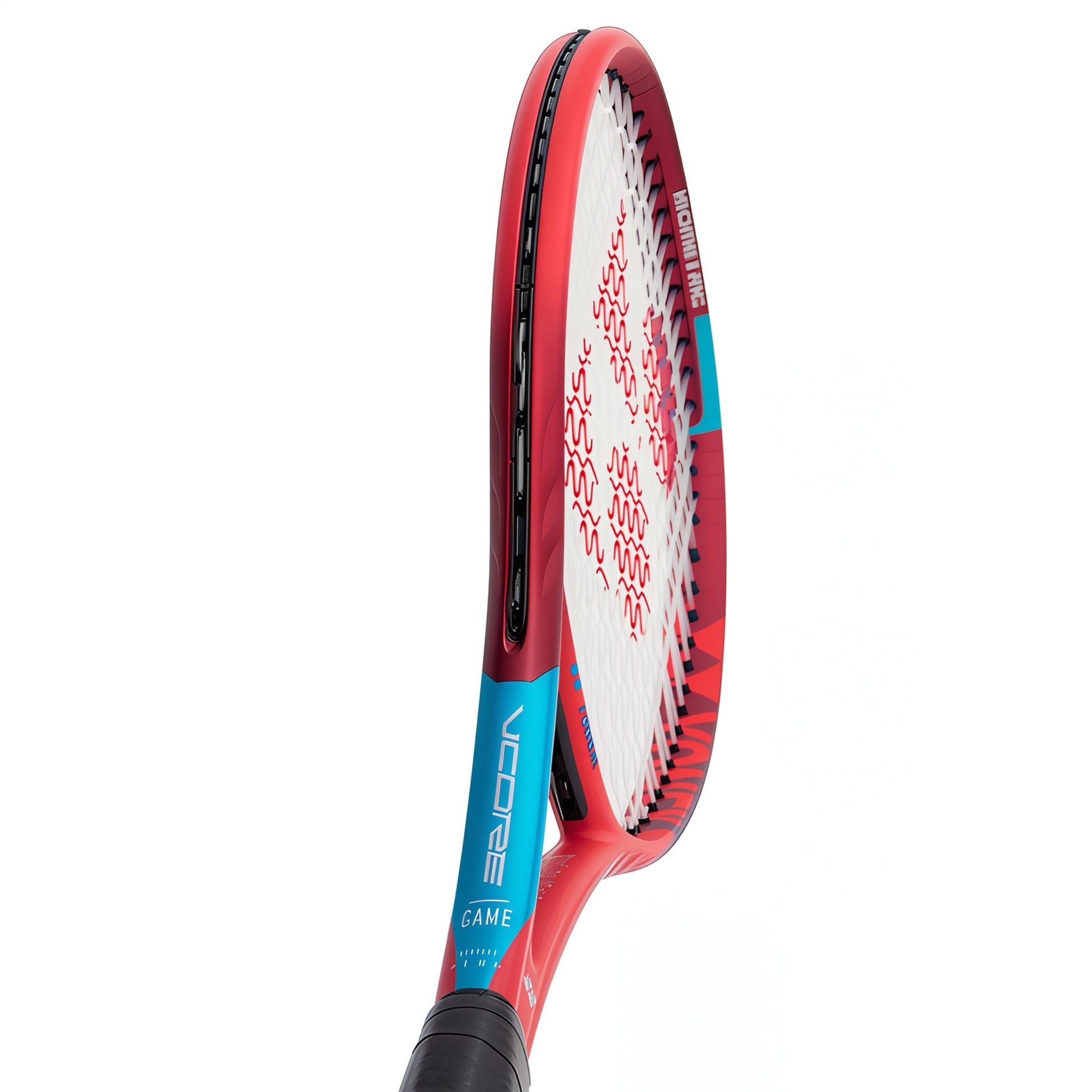 Red and blue tennis racket on a white background
