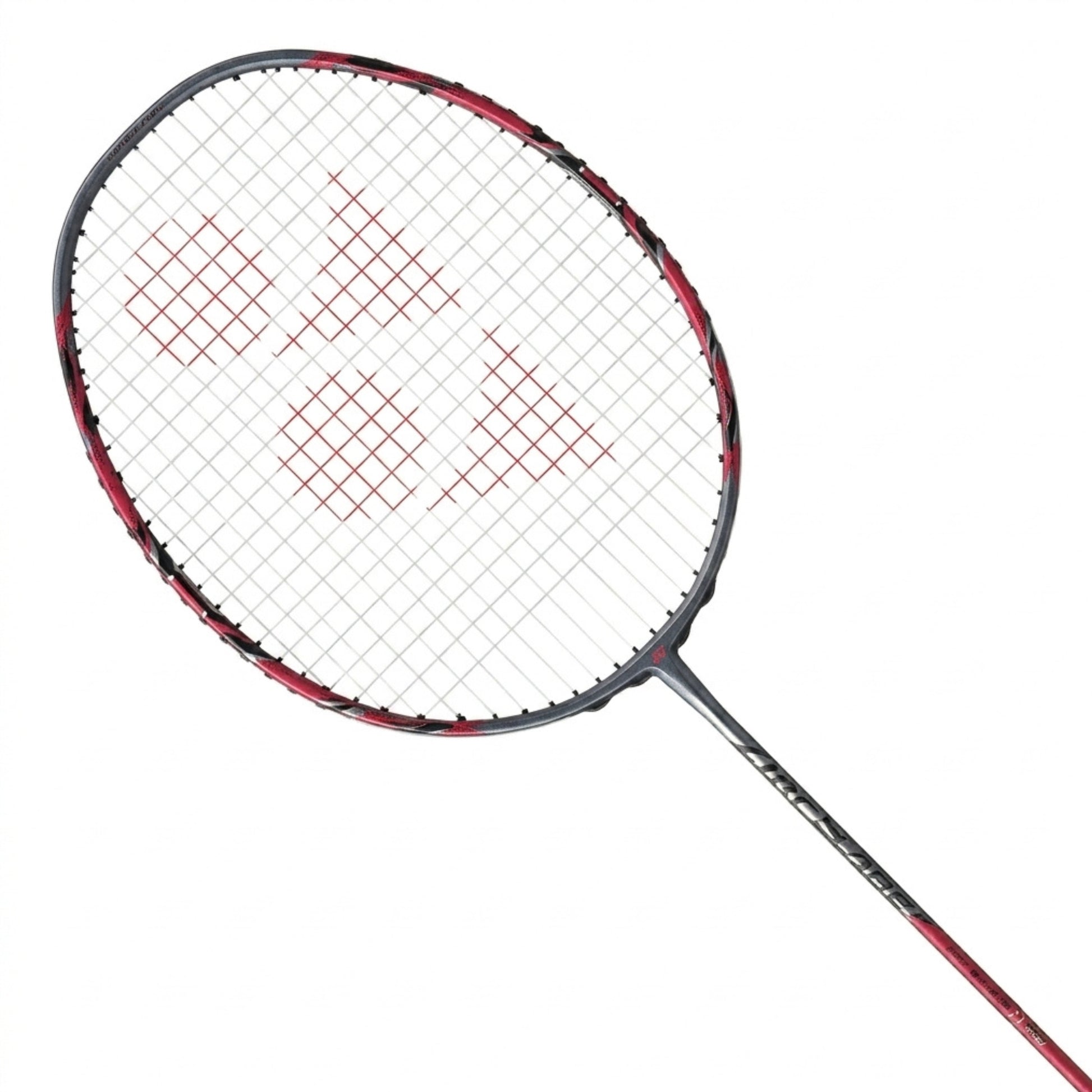 Close-up of a grey and red Yonex Arcsaber 11 Play badminton racket