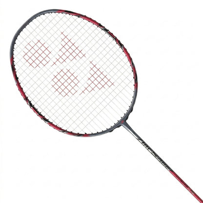 Close-up of a grey and red Yonex Arcsaber 11 Play badminton racket