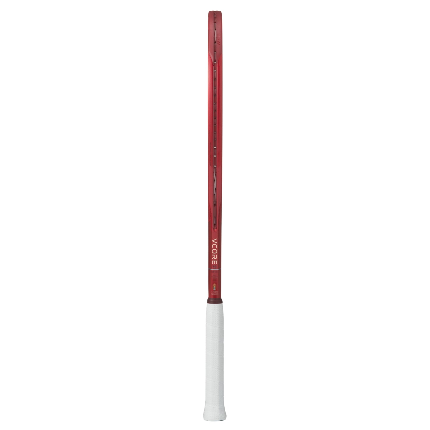 Red and white tennis racket on a white background