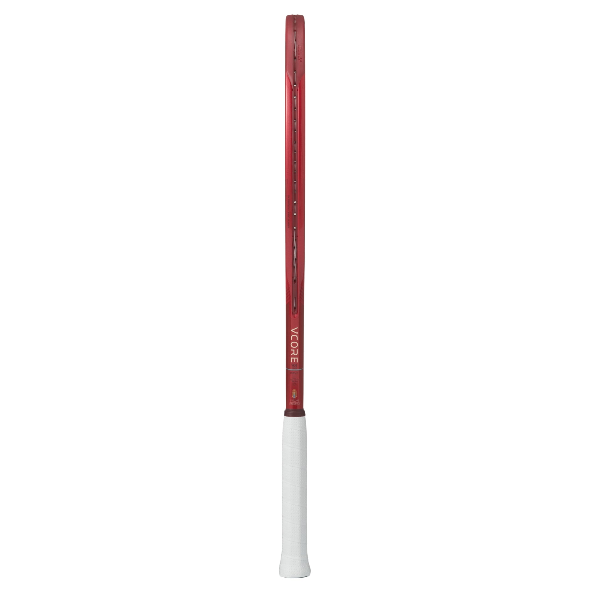 Red and white tennis racket on a white background