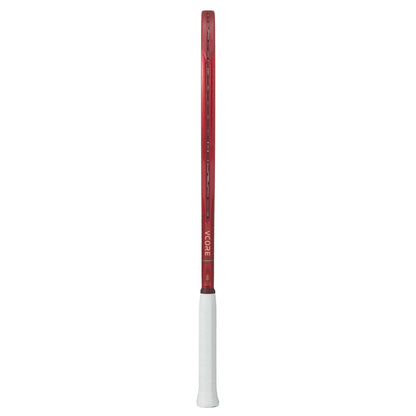 Red and white tennis racket on a white background