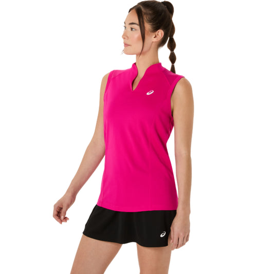 Woman wearing a pink Asics tank top and black shorts with a white logo on a white background