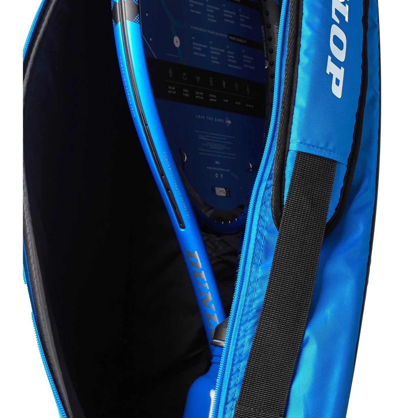 Inside view of the Dunlop blue and black 3 racket bag with Dunlop logo across the bag. 