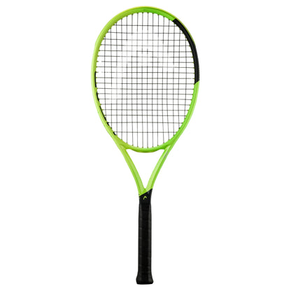 A Head tennis racket with a bright lime green frame and black strings, featuring a black grip handle, shown against a plain white background.