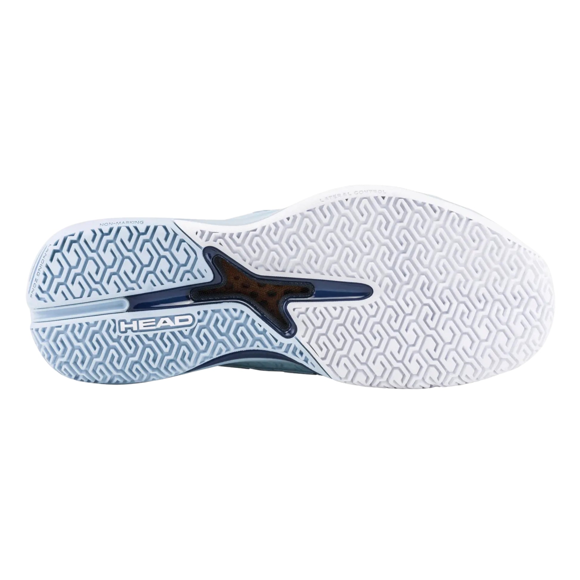 Close-up of a tennis shoe sole with 'HEAD' branding on a white background