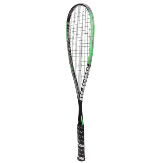 Squash racket with black and green design on a white background