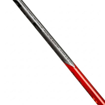 Close-up of a grey and red Yonex Arcsaber 11 Play badminton racket