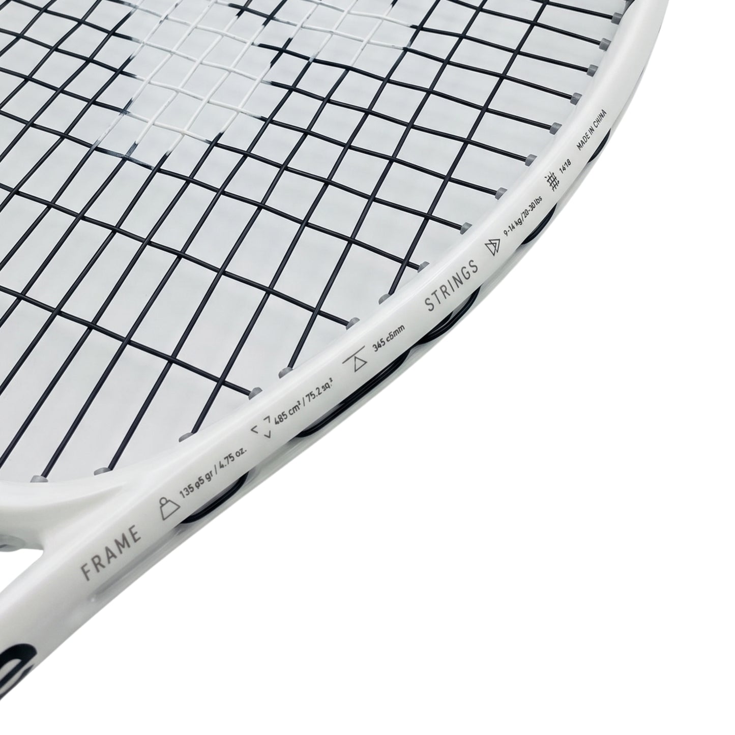 Close-up of a white Tecnifibre squash racket showing the string bed, frame, and printed specifications including frame size and string tension on a white background.