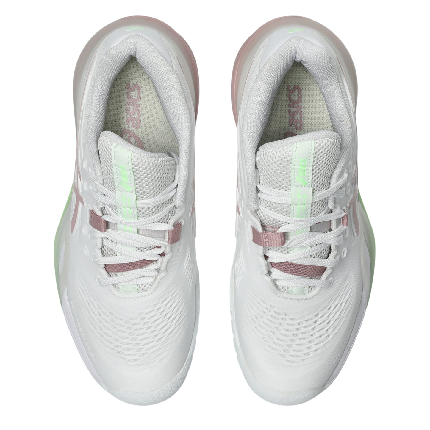 White Asics tennis shoes with pink accents on a white background