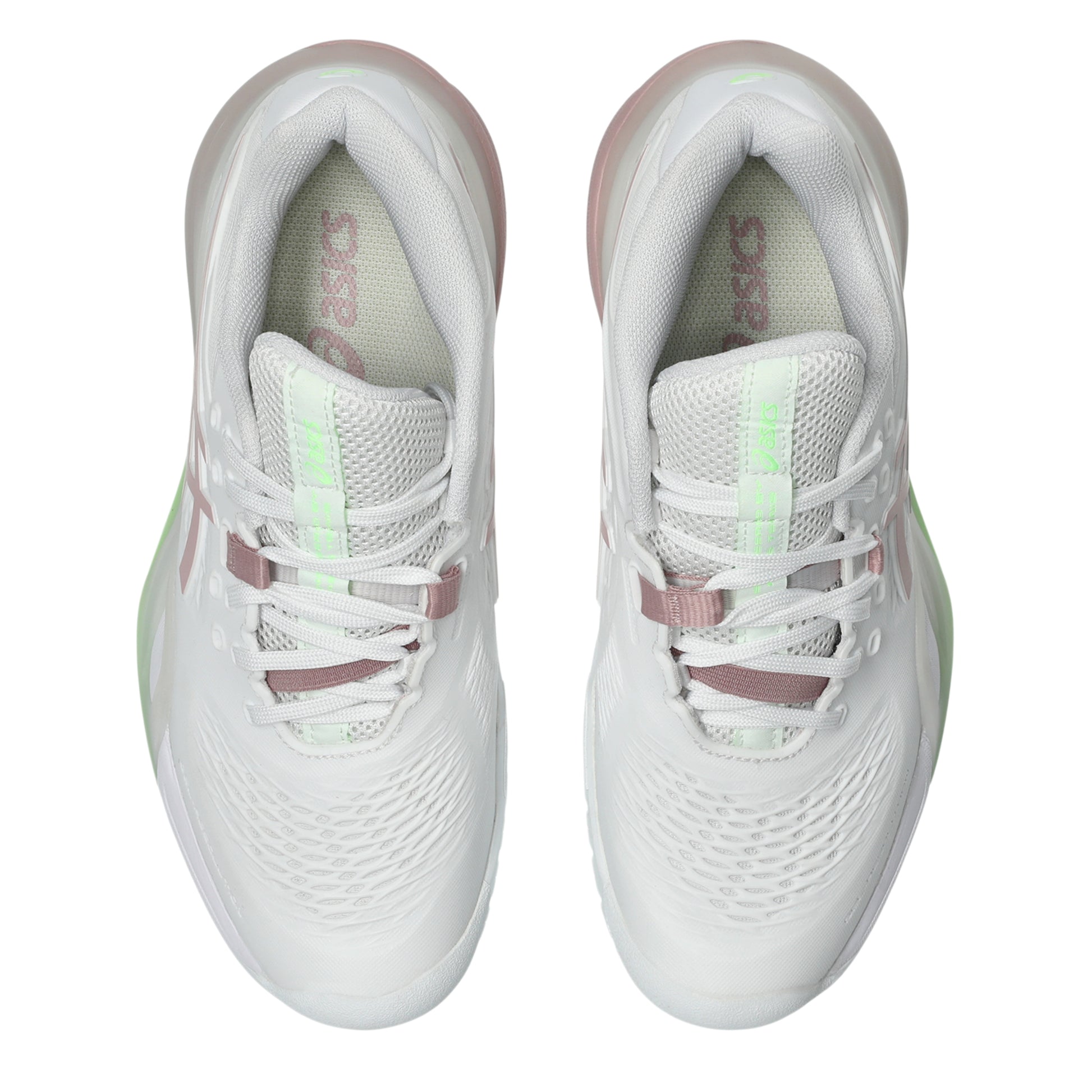 White Asics tennis shoes with pink accents on a white background