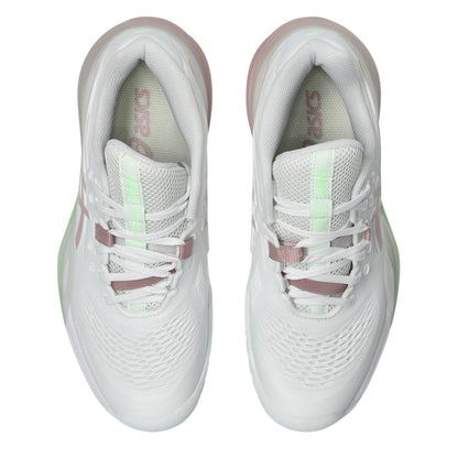 White Asics tennis shoes with pink accents on a white background