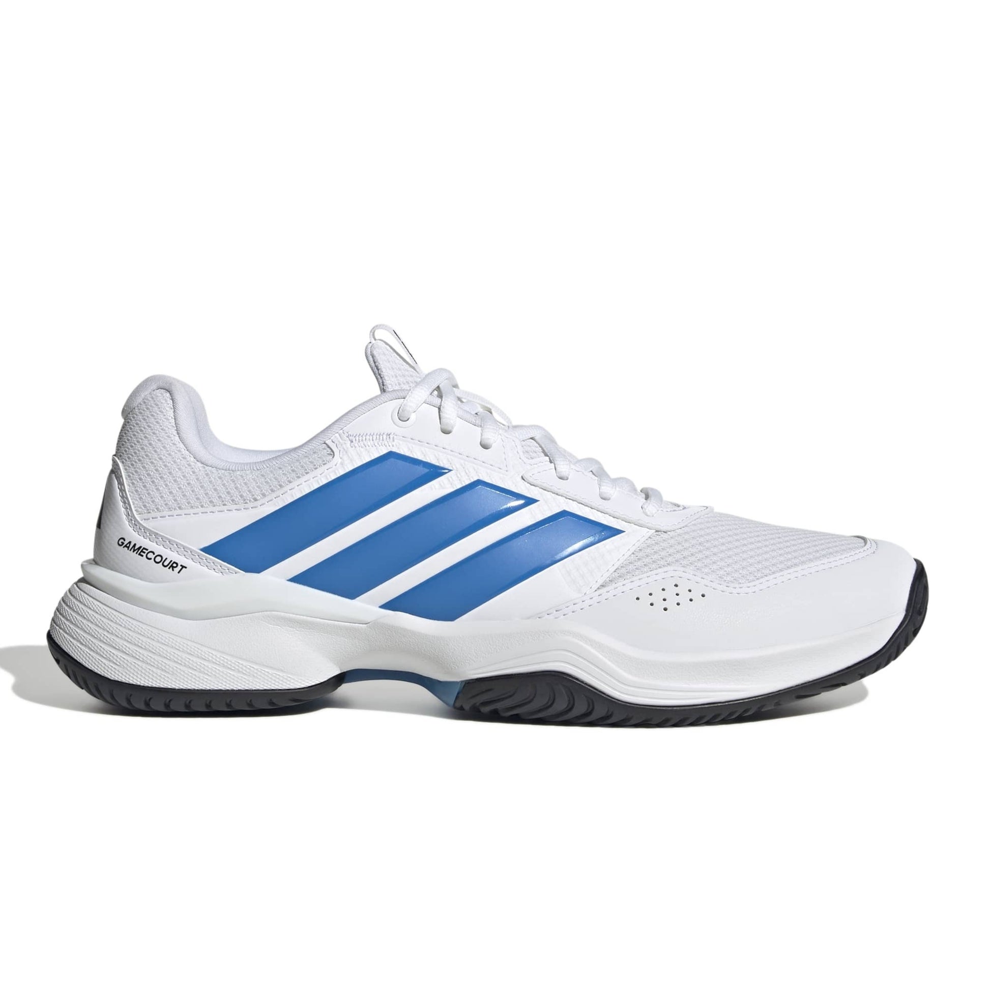 White adidas tennis shoe with blue a blue logo with a black sole on a white background.