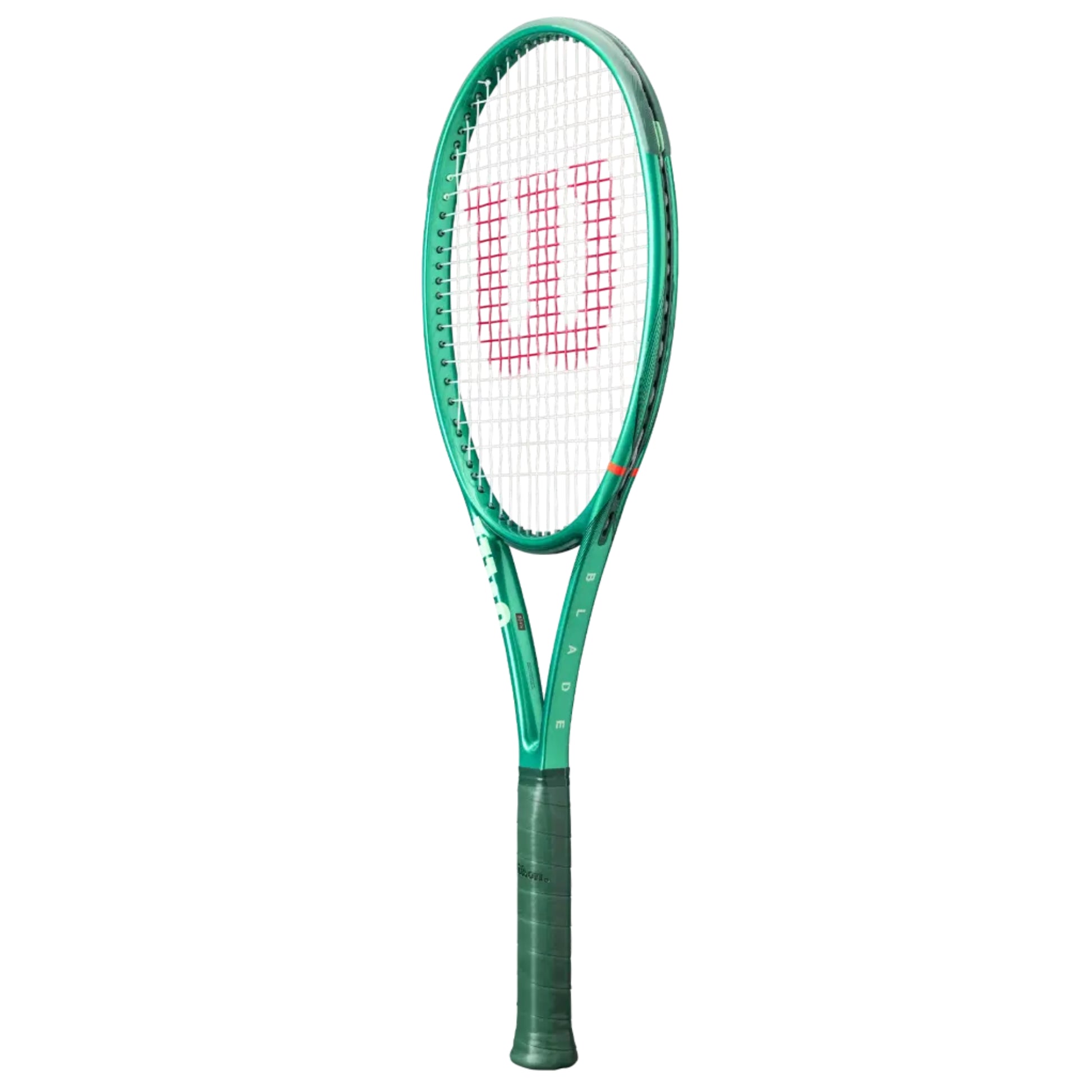 Green Wilson tennis racket with a white strings pattern on a white background