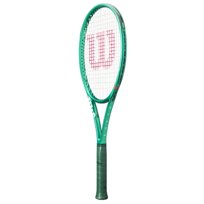 Green Wilson tennis racket with a white strings pattern on a white background