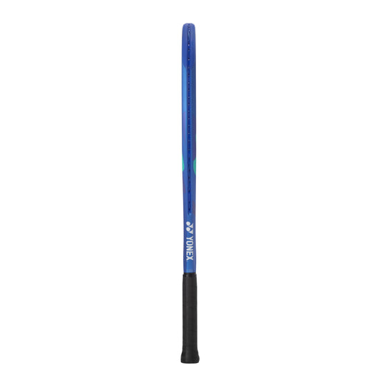 Blue Yonex tennis racket on a white background