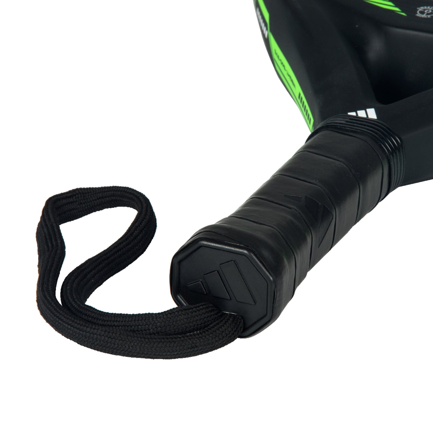 Close-up of a black paddle with a strap on a white background