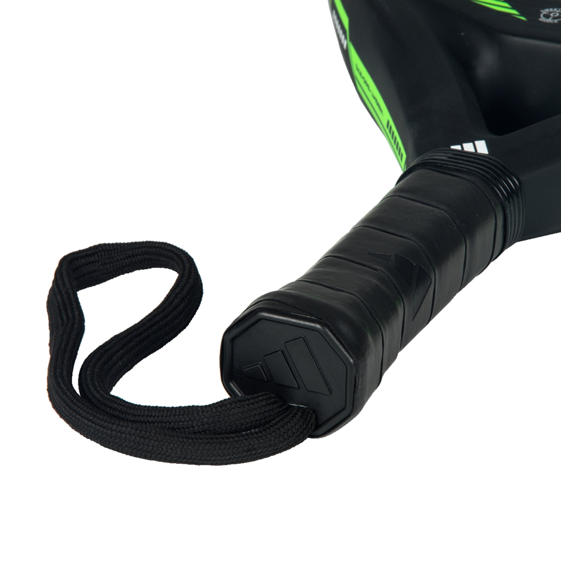 Close-up of a black paddle with a strap on a white background