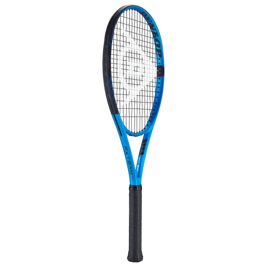 Blue and black Dunlop tennis racket on a white background