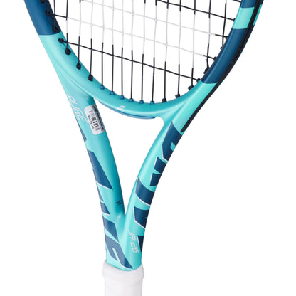 Close up of Teal and Navy Babolat racket with wording Pure Drive Jr 26