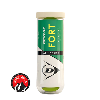 Dunlop Fort tennis ball canister with green and white design on a white background