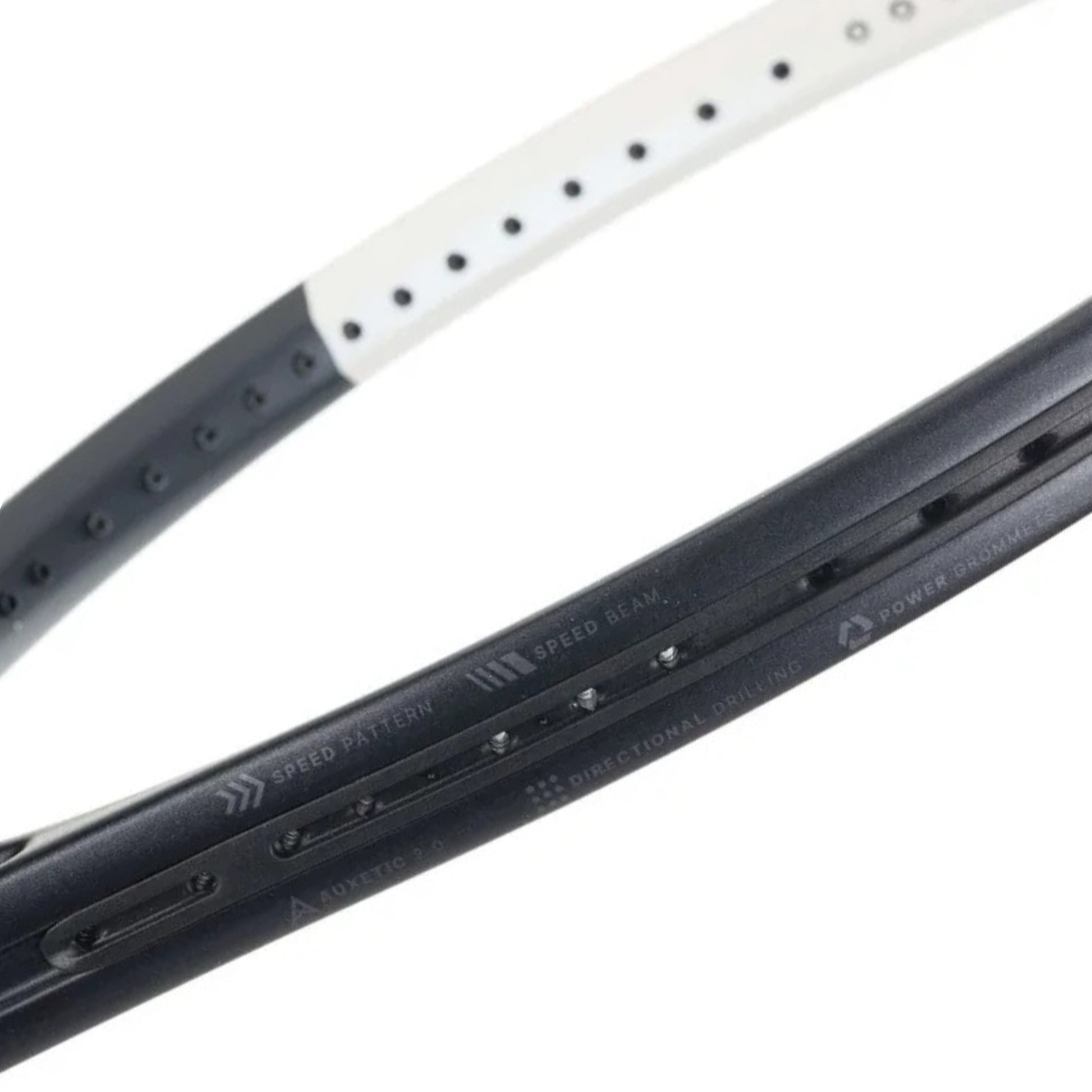 Close-up of a black and white tennis racket frame