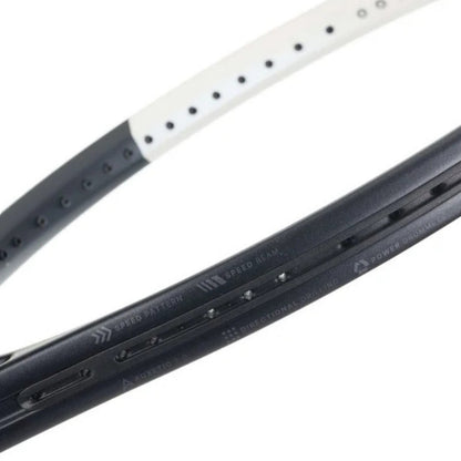 Close-up of a black and white tennis racket frame