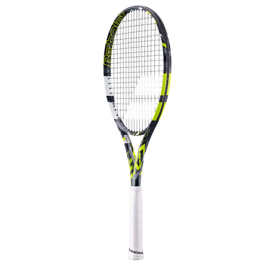 Babolat tennis racket with black and yellow design on a white background