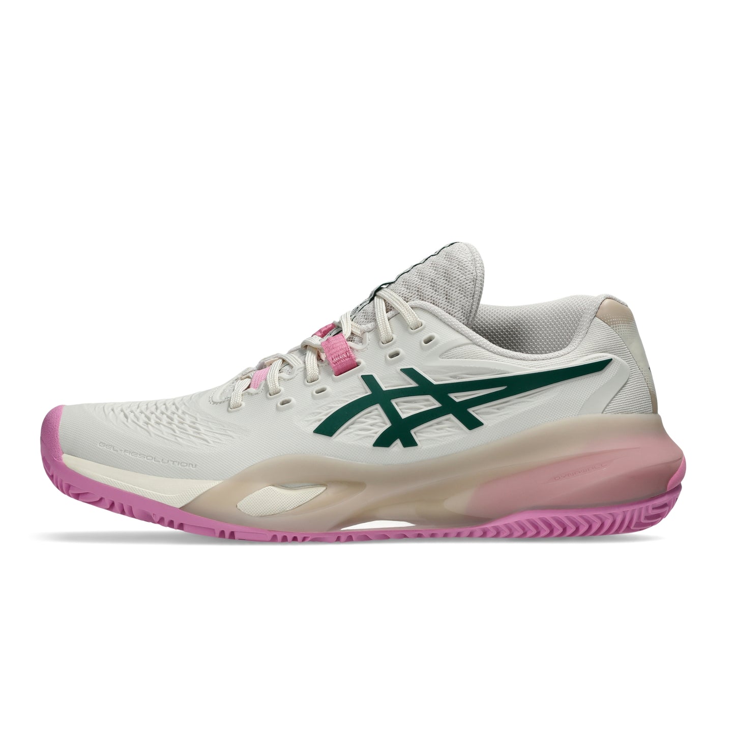A single ASICS padel shoe shown in profile against a white background. The shoe features a white mesh upper, a dark green ASICS logo on the side, a translucent beige midsole with pink accents, and a pink outsole.