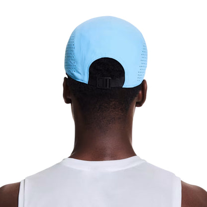Back view of a man wearing a light blue baseball cap with a black adjustable strap, shown against a plain white background.