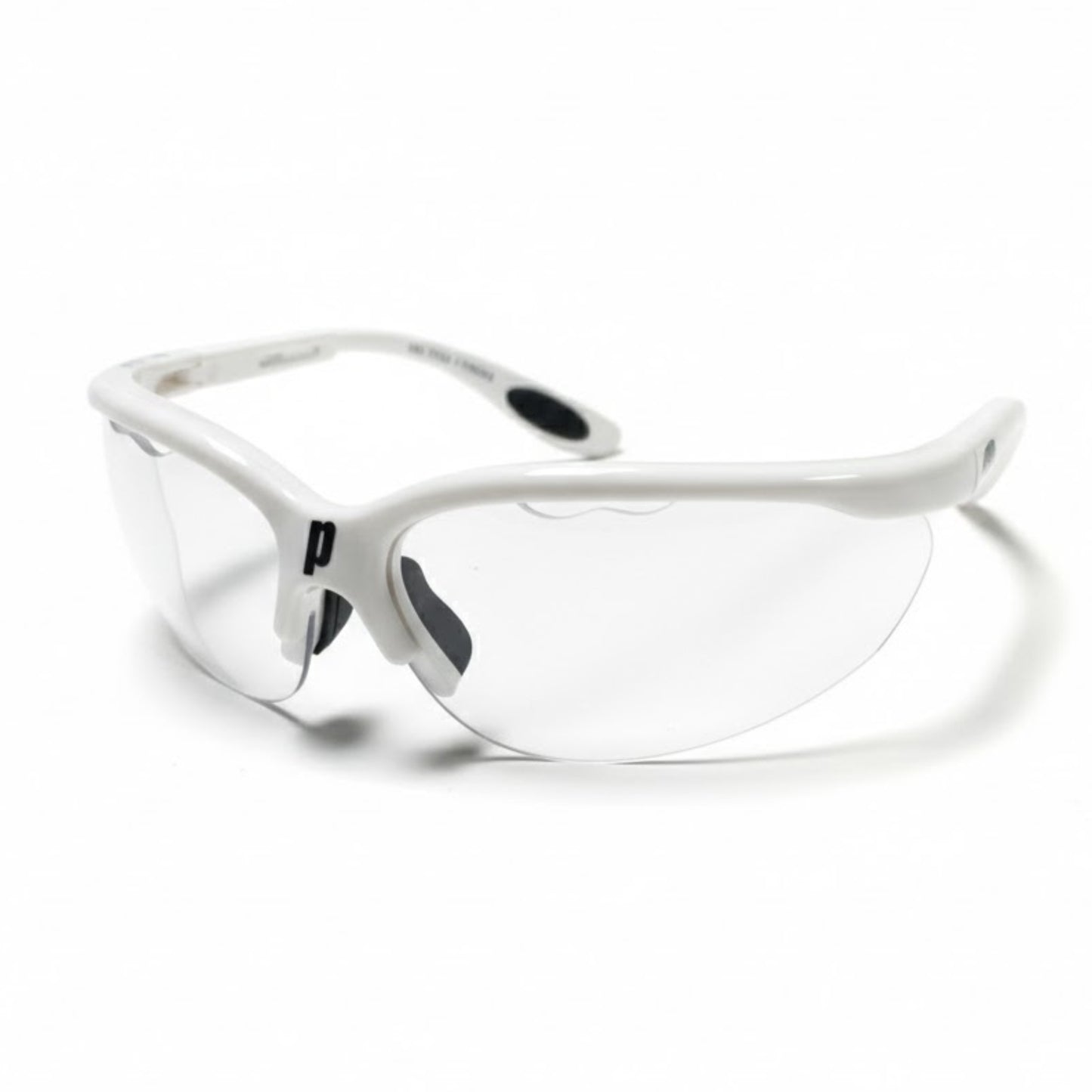 White Prince squash safety glasses with clear lenses on a white background