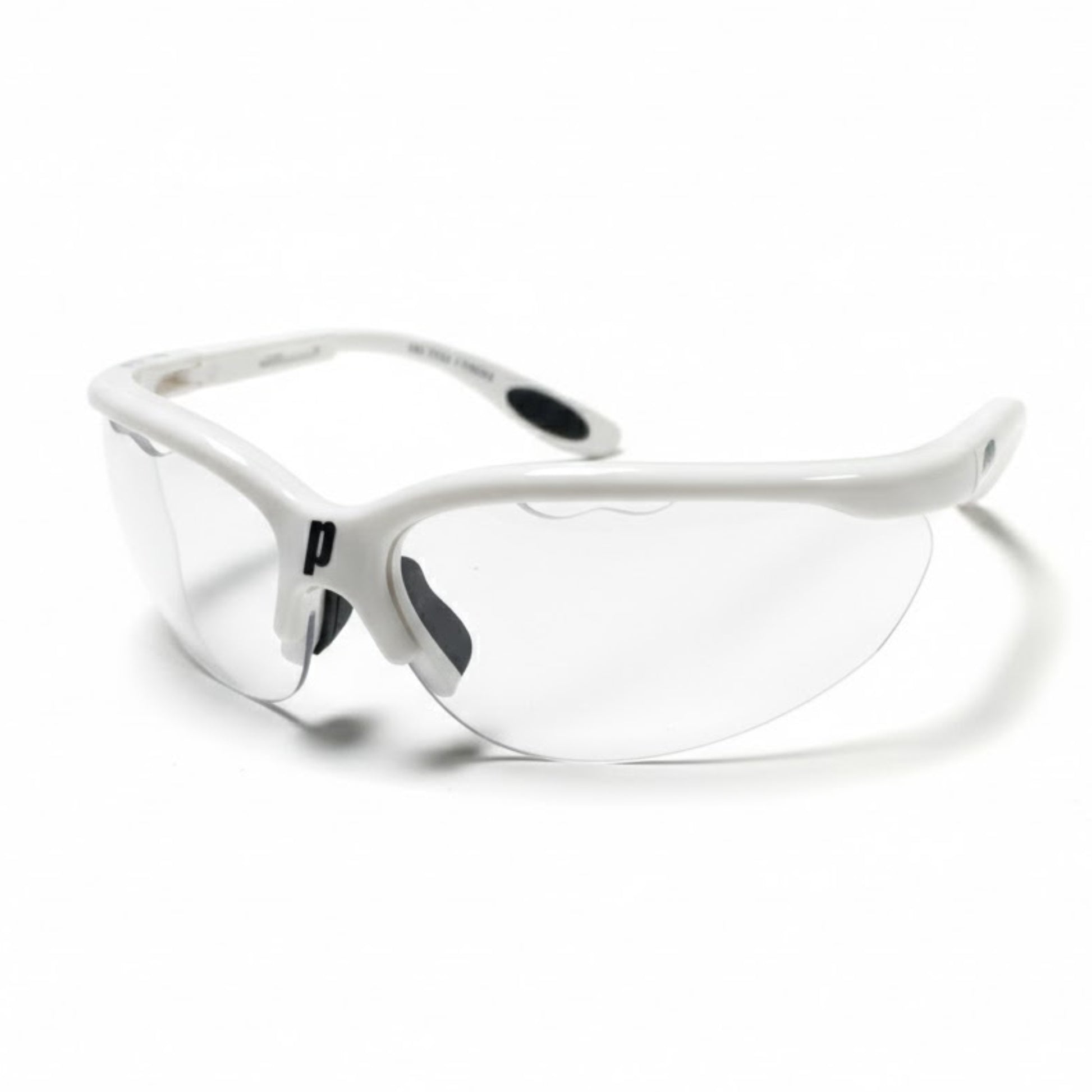 White Prince squash safety glasses with clear lenses on a white background