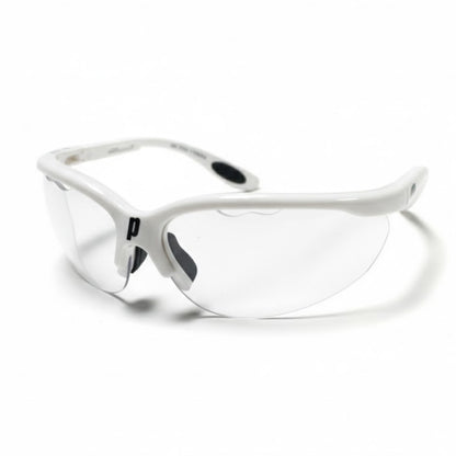 White Prince squash safety glasses with clear lenses on a white background