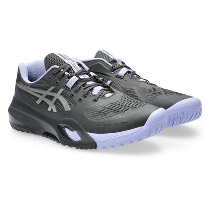 A pair of Asics tennis shoes in dark gray and light purple, shown from a three-quarters angle on a white background.