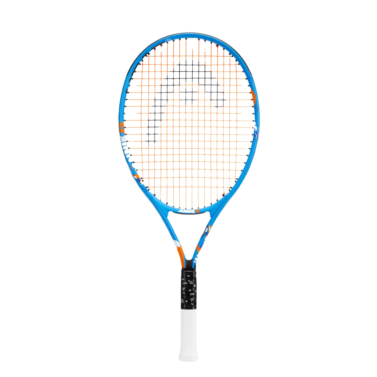 A Head tennis racket with a blue frame, orange and white strings, and a white grip, shown against a plain white background.