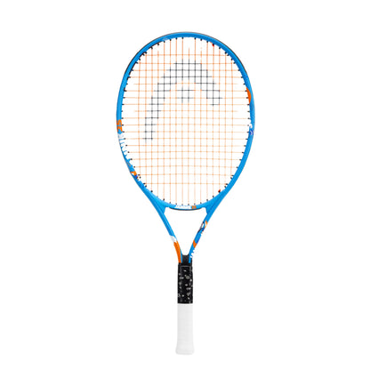 A Head tennis racket with a blue frame, orange and white strings, and a white grip, shown against a plain white background.