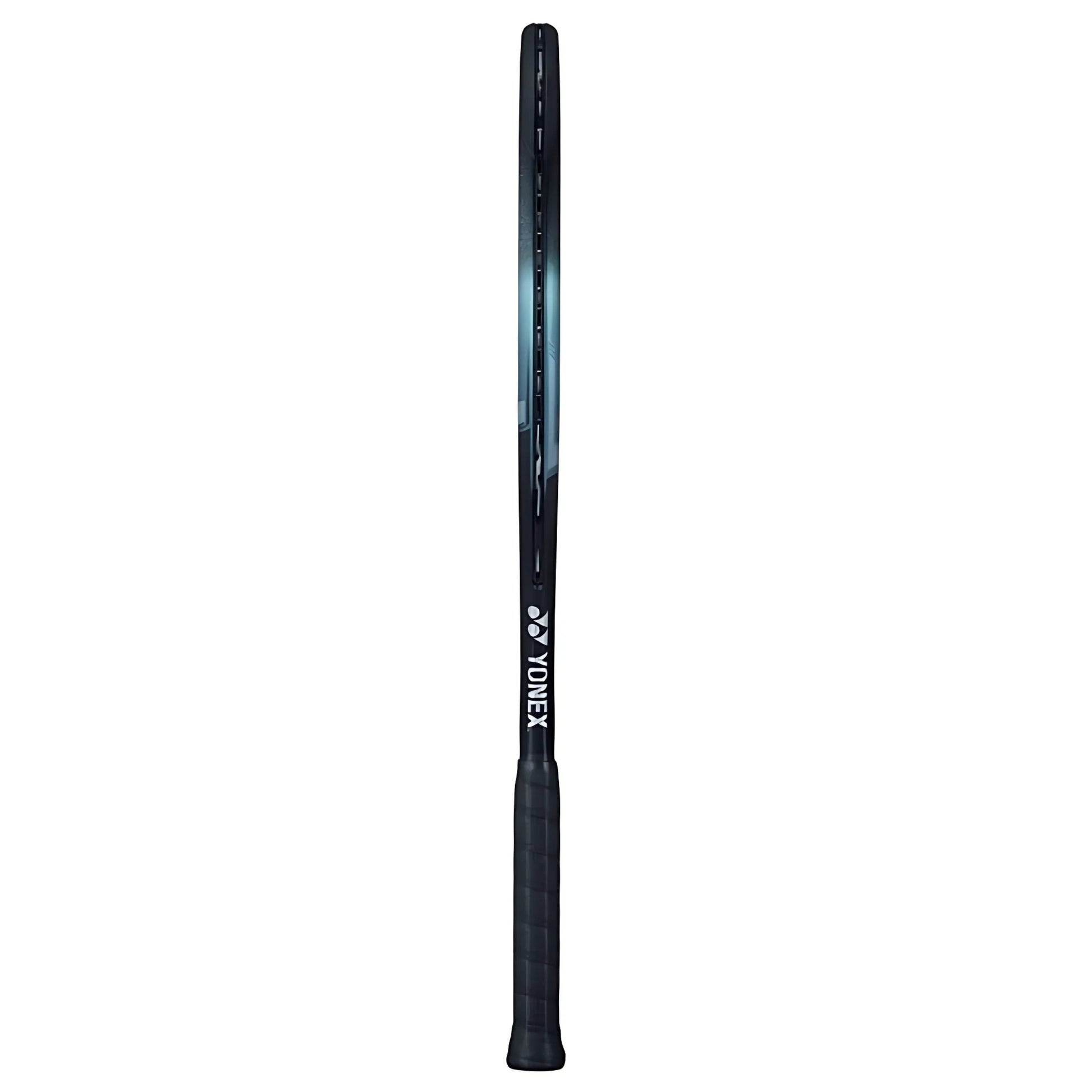 Black tennis racket with Yonex branding on a white background