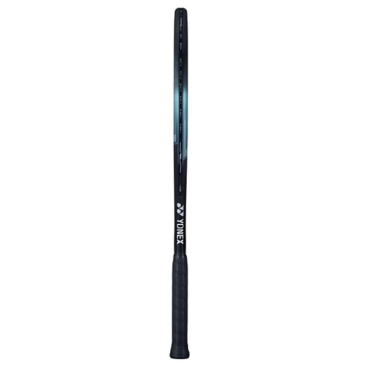 Black tennis racket with Yonex branding on a white background