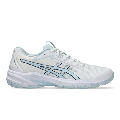 White netball shoe with light blue accents on a white background