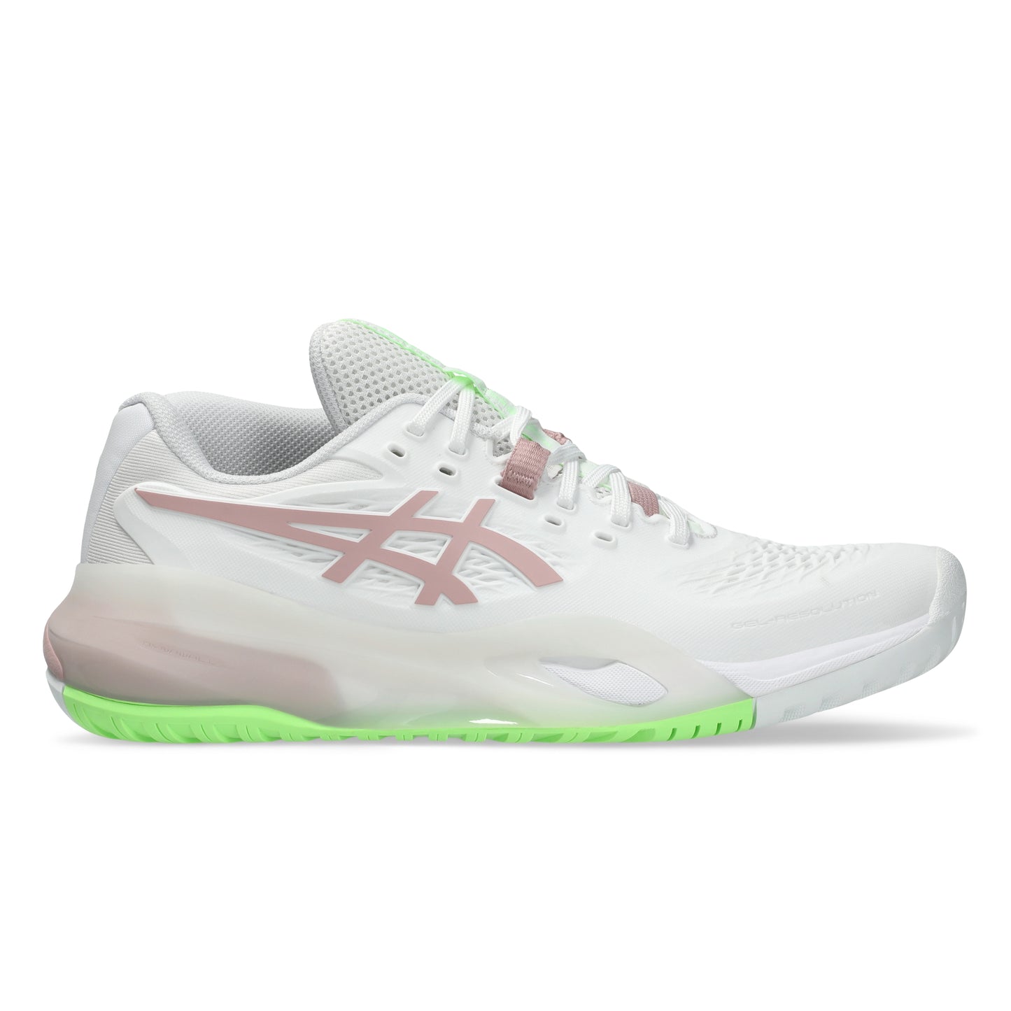 White Asics tennis shoe with pink logo and green sole on a white background