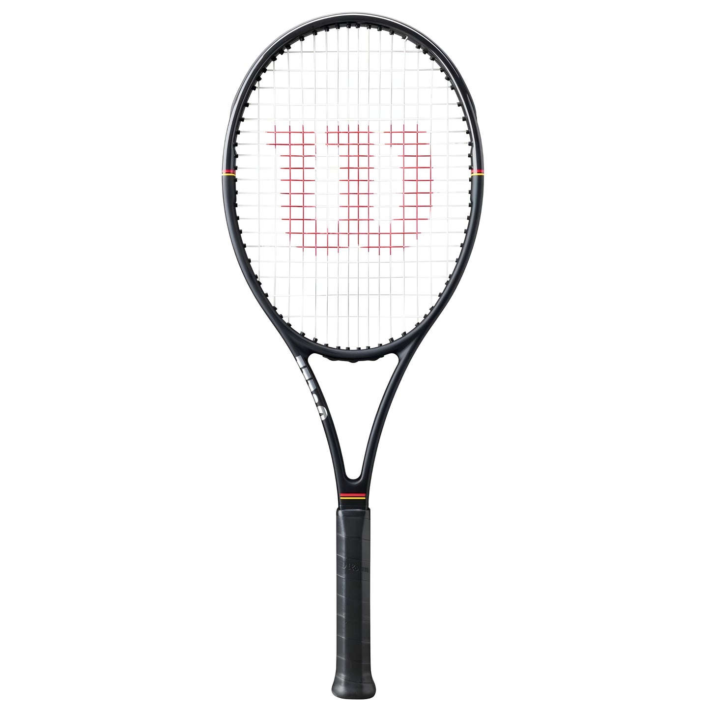 Black tennis racket with a visible brand logo on a white background
