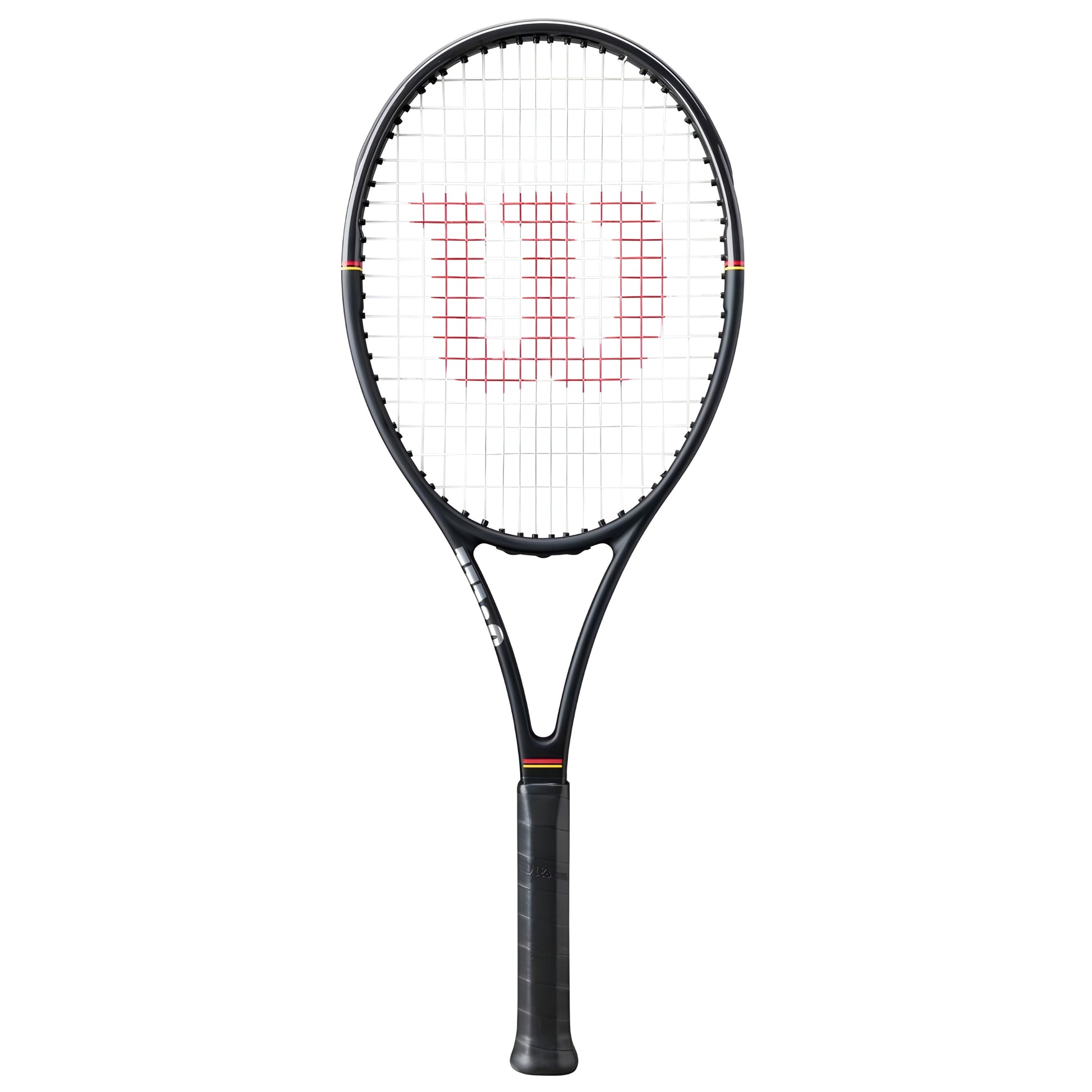 Black tennis racket with a visible brand logo on a white background