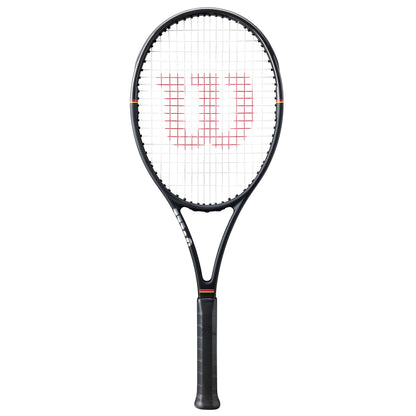 Black tennis racket with a visible brand logo on a white background